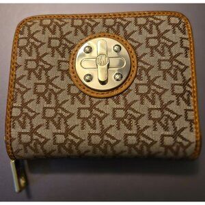 DKNY Logo Canvas & Leather Womens Bi-Fold Wallet With Zip Coin Pocket Brown/Gold